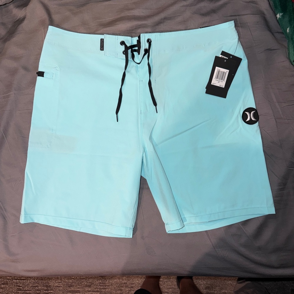 Hurley Men's Aqua Board Shorts with Black Drawstring